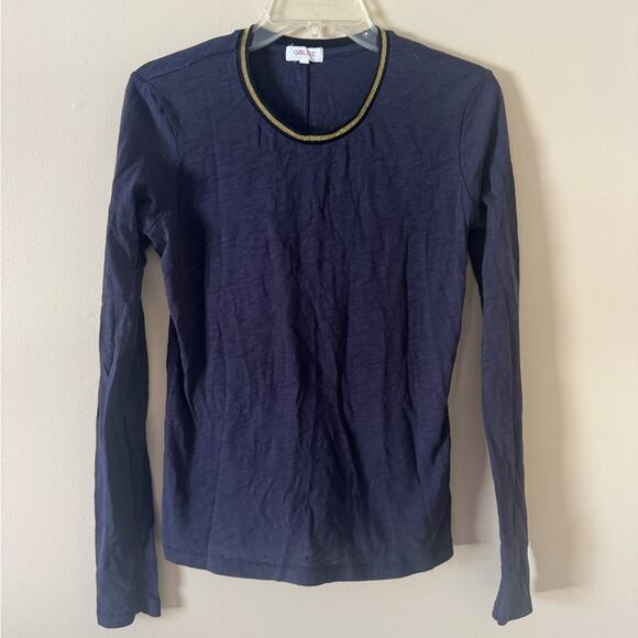 Goldie Lewinter Gold Tipped Neck Long Sleeve Pima Cotton Shirt in Navy size Med - Picture 1 of 4